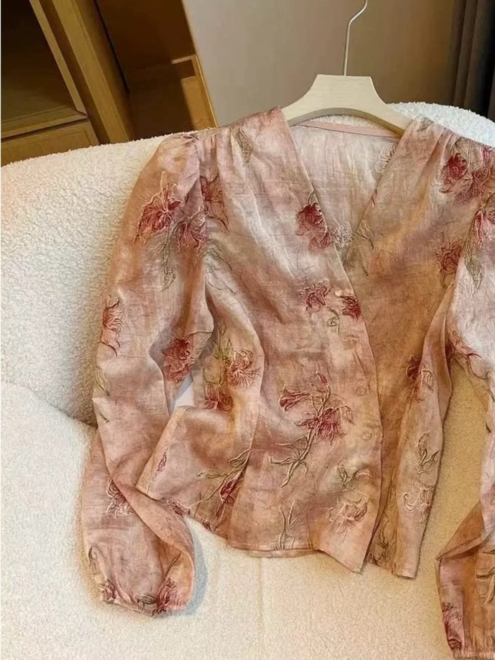 Blush Pink Floral V-Neck Button Blouse